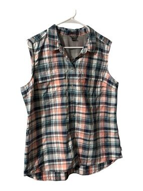 Eddie Bauer Women XL Plaid Sleeveless Button Down Shirt Pink Teal